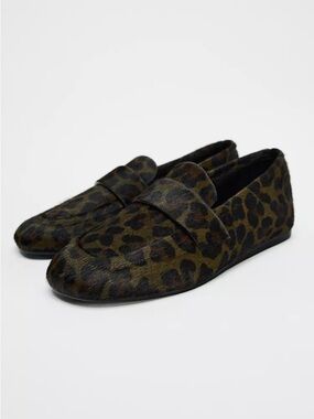 Zara Olive and Black Leopard Print Slip-On Loafers